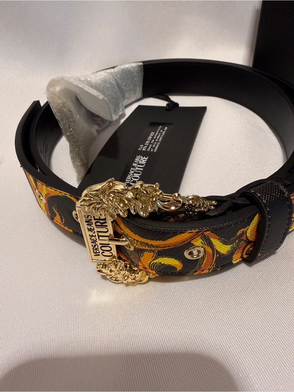 Versace Jeans Collection Black & Gold Baroque Buckle Belt with Orange Accents